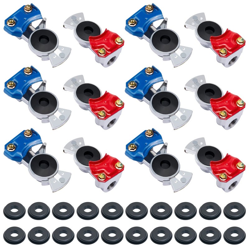 CheeMuii Glad Hands Set 20pcs Glad Hand Seals Universal Gladhand Aluminum Emergency Air Hose Brake Coupling Service Handshake Set for Truck Semi Trailer RVs 6pcs Red 6pcs Blue - Image 1